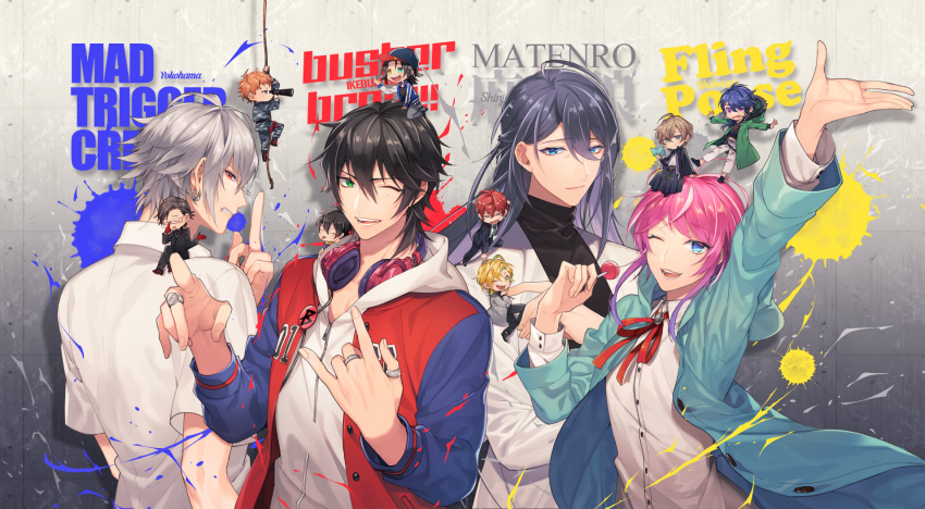 amemura_ramuda aohitsugi_samatoki arisugawa_dice busujima_riou_mason candy chibi food hypnosis_mic iruma_juuto izanami_hifumi jinguuji_jakurai kannonzaka_doppo lollipop multiple_boys paint_splatter smile yamada_ichirou_(hypnosis_mic) yamada_jirou yamada_saburou yumeno_gentarou