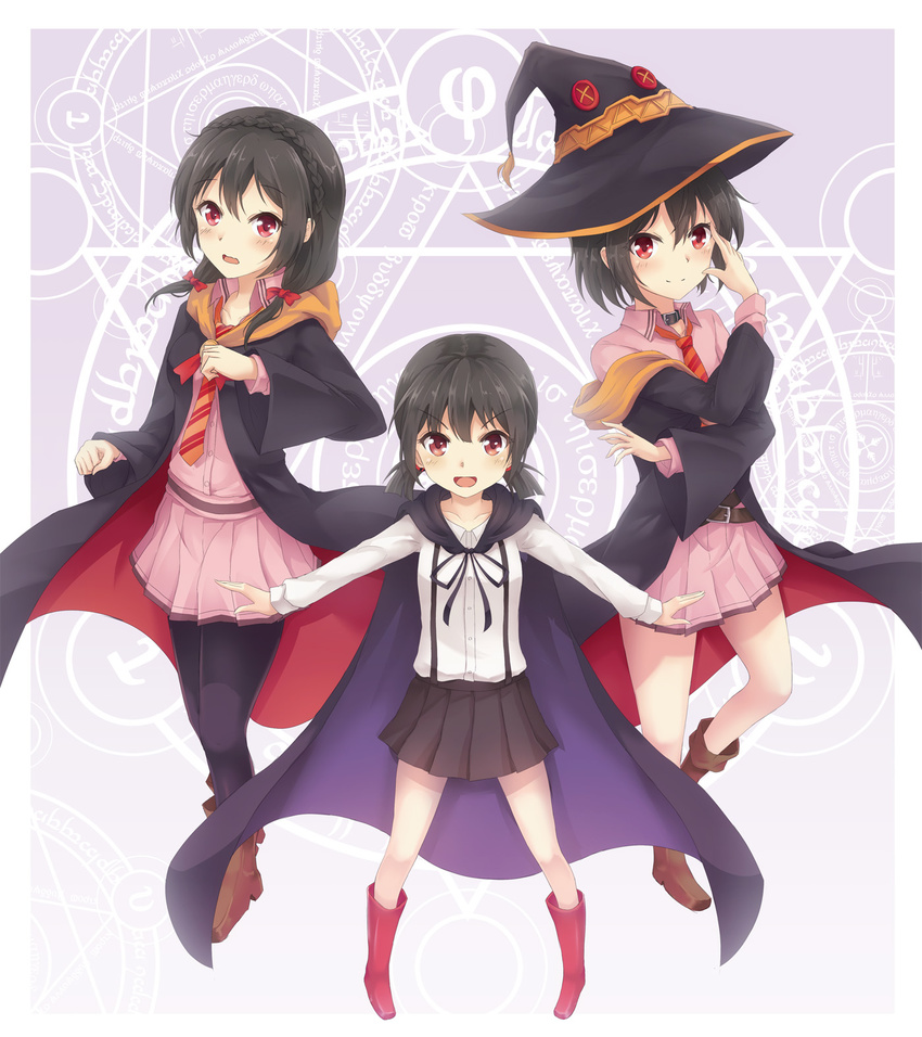 3girls :d aged_down asakurashinji black_hair black_pantyhose boots braid cape commentary_request french_braid full_body hat highres komekko kono_subarashii_sekai_ni_shukufuku_wo! looking_at_viewer low_twintails magic_circle megumin multiple_girls open_mouth pantyhose photoshop_(medium) pleated_skirt pose red_eyes robe short_hair skirt smile twintails v-shaped_eyebrows wavy_mouth witch_hat yunyun_(konosuba)