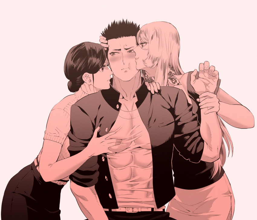 1boy black_hair blonde_hair blush breasts commentary_request futa_with_male futanari highres isaki_(shimesaba) large_breasts long_hair monochrome muscular muscular_male newhalf newhalf_with_male open_mouth original school_uniform shirt skirt spiked_hair white_background white_shirt