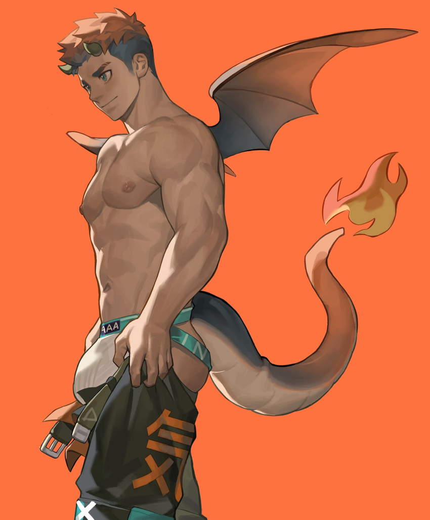 1boy aqua_male_underwear bara bat_tail bat_wings bulge closed_mouth clothes_pull cowboy_shot demon_ears fiery_tail fire highres i've_never_seen_a_guy_recreate_this_successfully_tbh_(meme) jockstrap light_smile male_focus male_underwear meme ming_feng_(disx_sleep) muscular muscular_male navel nipples orange_background original pants pants_pull pectorals red_hair short_hair simple_background solo tail topless_male underwear wings