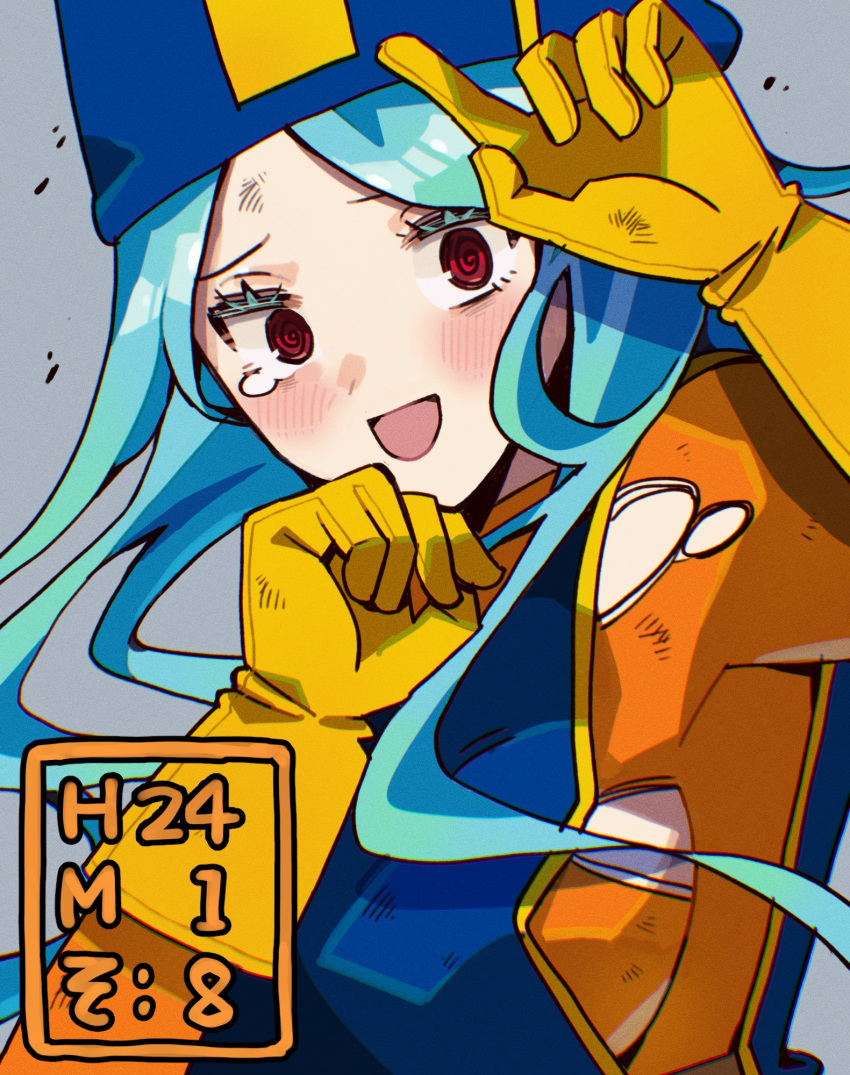 :d @_@ blue_hair blush bodysuit commentary_request dragon_quest dragon_quest_iii female furrowed_brow gloves grey_background hat highres kuzuno_ha long_hair mitre open_mouth orange_bodysuit priest_(dq3) red_eyes simple_background smile solo tearing_up torn_bodysuit torn_clothes yellow_gloves