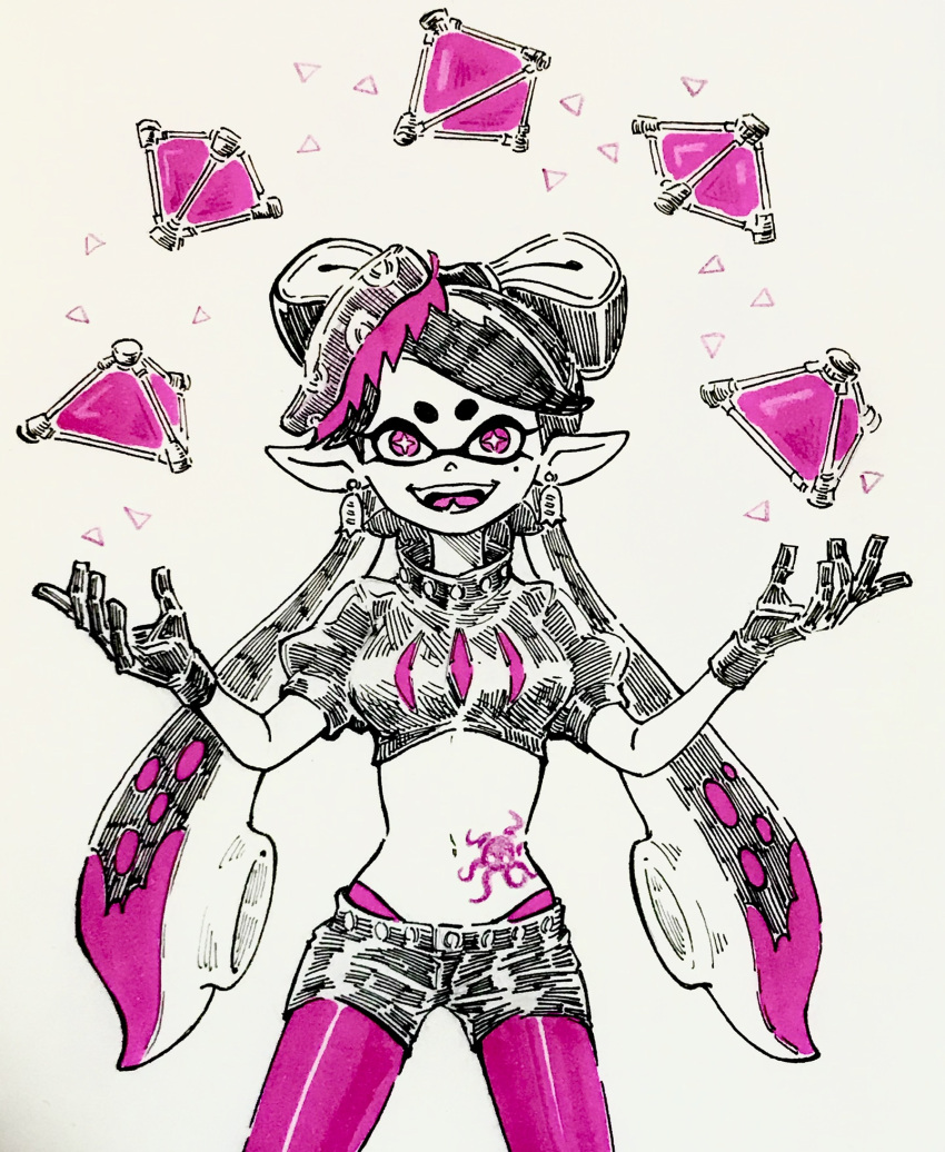 belt black_belt black_collar black_gloves black_hair black_shirt black_shorts bow-shaped_hair bright_pupils callie_(splatoon) collar commentary_request cowboy_shot crop_top cross-shaped_pupils earrings female food food-themed_earrings food_art gloves hands_up highres ichi27ichi inkling jewelry limited_palette long_hair long_pointy_ears midriff mole mole_under_eye multicolored_hair navel oerba_yun_fang official_alternate_costume open_mouth panties panty_straps pantyhose pantyhose_under_shorts pink_eyes pink_hair pink_panties pink_pantyhose pointy_ears puffy_short_sleeves puffy_sleeves shirt short_sleeves shorts solo splat_bomb_(splatoon) splatoon_(series) splatoon_2 stomach_tattoo studded_belt studded_collar suction_cups swept_bangs symbol-shaped_pupils tako-san_wiener tattoo tentacle_hair traditional_media twintails two-tone_hair underwear white_pupils