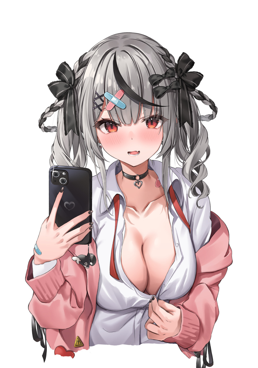 absurdres black_hair breasts cellphone cleavage female grey_hair highres holding holding_phone hololive large_breasts looking_at_viewer multicolored_hair nekoya_minamo phone sakamata_chloe sakamata_chloe_(school_uniform) solo twintails two-tone_hair upper_body virtual_youtuber