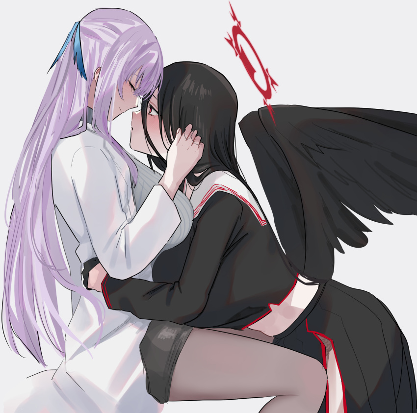 2girls black_hair black_wings blue_archive blush breasts closed_eyes coat couple female_sensei_(blue_archive) garter_belt garter_straps halo hasumi_(blue_archive) highres hug large_breasts long_hair looking_at_another mole mole_under_eye multiple_girls pantyhose purple_hair red_eyes sakuhane_saiga school_uniform sensei_(blue_archive) smile vertical-striped_sweater very_long_hair white_background white_coat wings yuri