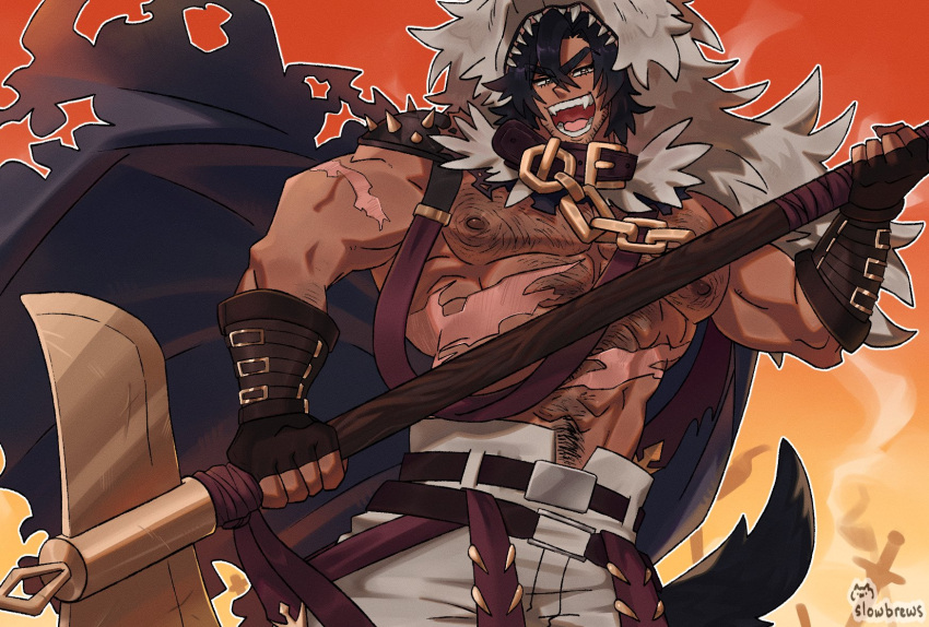 1boy animal_collar axe bara beard_stubble black_cape black_hair cape chest_hair collar cowboy_shot english_commentary facial_hair fangs gradient_background grey_eyes highres holding holding_axe holding_weapon looking_at_viewer male_focus muscular muscular_male nipples no_shirt orange_background original pelt scar scar_on_arm scar_on_stomach short_hair slowbrews solo stubble tail torn_cape torn_clothes weapon wolf_boy wolf_pelt wolf_tail