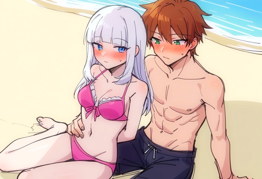 1boy 1girls :/ ai_generated akari_oborodzuka beach bikini black_eyebrows blossomtea blue_eyes blunt_bangs blush brown_hair canon_design civitai collarbone colored colored_sketch dot_nose eyebrows eyebrows_visible_through_hair eyelashes eyelashes_visible_through_hair genderswap_(ftm) green_eyes hands_on_back hands_on_waist long_hair mai_shishikusa masa_works_design navel oni_to_kitsune_no_hanashi pink_bikini rule_63 sand self_upload short_hair sketch slight_smile straight sweat sweatdrop sweating swimming_trunks swimsuit trunks_(clothing) water white_hair