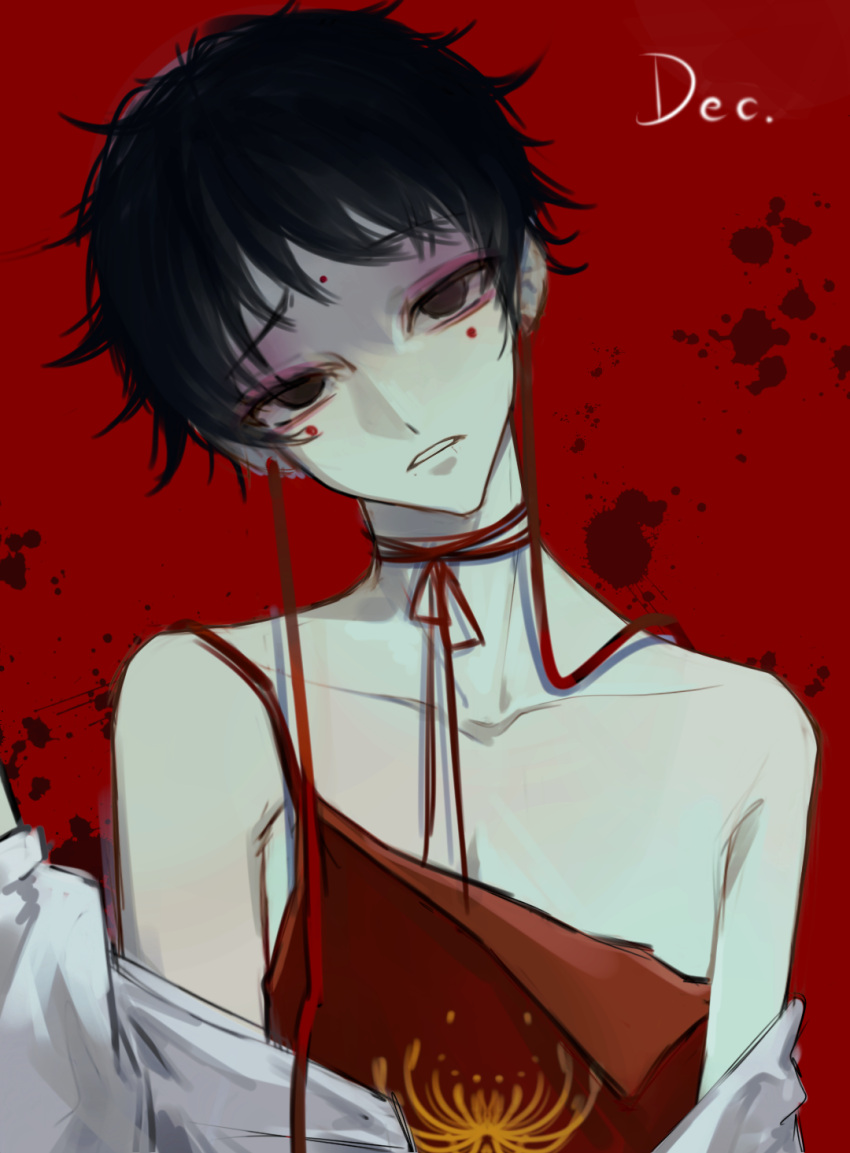 1boy bare_shoulders black_eyes black_hair blood blood_splatter camisole chinese_commentary chinese_text choker collarbone commentary_request dec._(luowuyansheng) facial_mark forehead_mark highres jacket jacket_partially_removed male_focus red_background red_camisole red_ribbon ribbon ribbon_choker short_hair shou_qianhui signature solo speech_bubble touqi_guaitan translation_request white_jacket