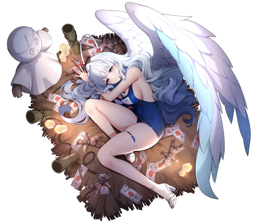 absurdres angel_wings bamboo bare_arms bare_legs blue_one-piece_swimsuit blue_wings blunt_bangs breasts candle chest_jewel cleavage crescent_halo eve_(eversoul) eversoul female full_body game_cg grey_eyes hair_ornament hairclip halo hay high_heels highres large_breasts long_hair looking_at_viewer lying multicolored_wings name_tag no_horns official_alternate_costume official_art ofuda old_school_swimsuit on_side one-piece_swimsuit parted_lips school_swimsuit sheet_ghost sideboob single_sidelock sleeveless solo swimsuit tachi-e thigh_strap transparent_background two-tone_wings voodoo_doll white_footwear white_hair white_halo white_wings wings