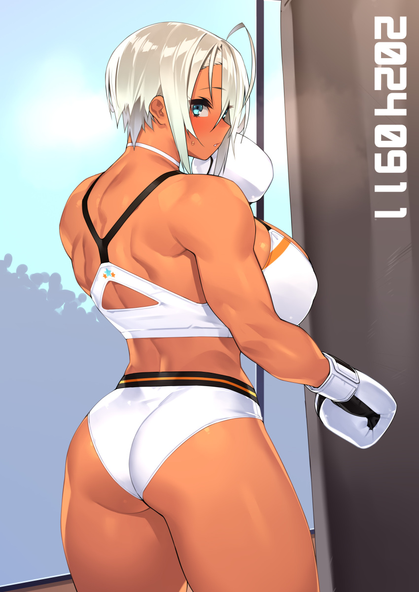 23_(real_xxiii) absurdres ahoge ass blue_eyes boxing_gloves breasts dated female from_behind gloves hair_between_eyes highres large_breasts looking_back median_furrow original sela_(23) shoulder_blades solo sports_bra star_(symbol) sweat tan white_gloves white_hair white_sports_bra