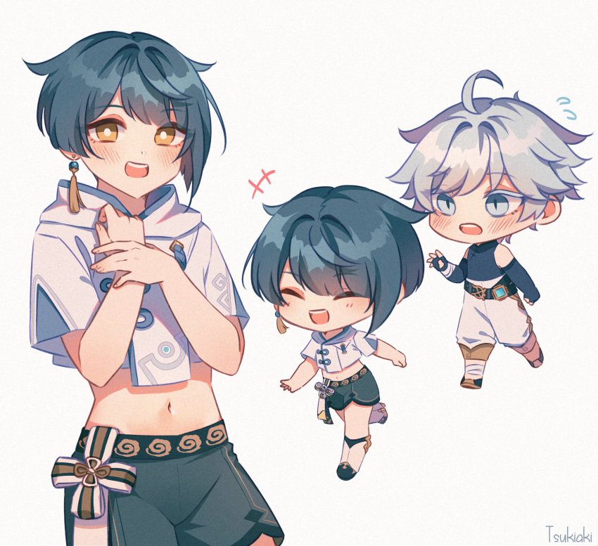 2boys absurdres ahoge black_shirt black_shorts black_sleeves blue_eyes blue_hair blush chinese_clothes chongyun_(genshin_impact) crop_top earrings fingerless_gloves genshin_impact gloves hair_between_eyes highres jewelry male_focus midriff multiple_boys navel open_mouth pants shirt short_hair shorts single_earring smile stomach tassel tassel_earrings tsukiaki_teriyaki white_hood white_pants white_shirt xingqiu_(genshin_impact) yellow_eyes