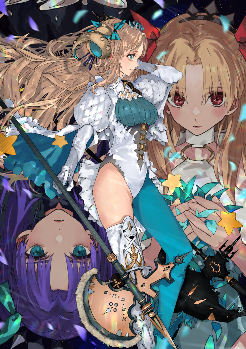 3girls absurdres axe bare_shoulders battle_axe black_dress blonde_hair blue_eyes blue_hair blush bow breasts curled_horns detached_collar dress elbow_gloves ereshkigal_(fate) fate/grand_order fate_(series) frills gloves green_eyes green_pantyhose grey_one-piece_swimsuit hair_ornament hairband hairbow highres horns kdm_(ke_dama) leotard long_hair long_sleeves looking_at_viewer medium_breasts multiple_girls multiple_persona o-ring one-piece_swimsuit pantyhose parted_bangs petals red_eyes single_leg_pantyhose single_thighhigh space_ereshkigal_(fate) space_ereshkigal_(first_ascension)_(fate) space_ereshkigal_(second_ascension)_(fate) space_ereshkigal_(third_ascension)_(fate) swimsuit thighhighs thighs two-tone_swimsuit two_side_up weapon white_gloves white_leotard white_one-piece_swimsuit white_thighhighs