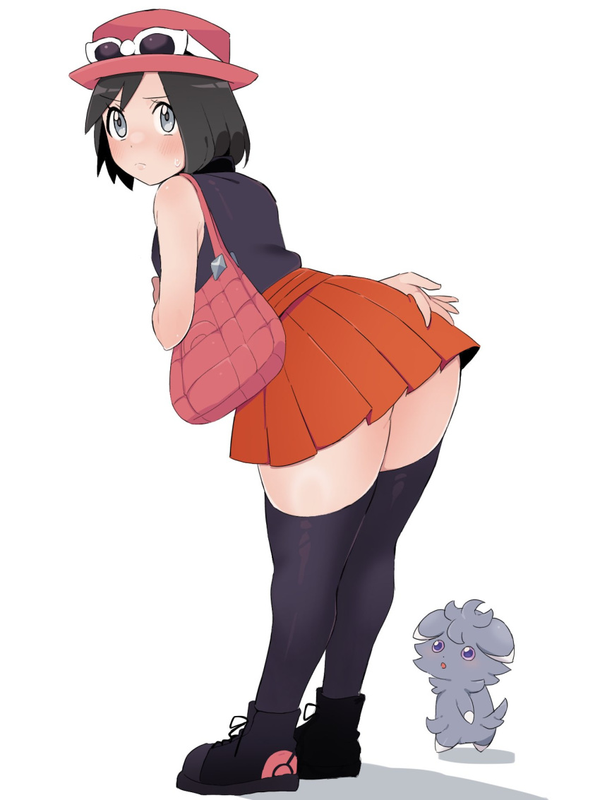 1boy ass bag bare_shoulders bent_over black_hair blush calem_(pokemon) cosplay crossdressing embarrassed espurr eyewear_on_headwear grey_eyes handbag hat highres kneepits looking_at_viewer looking_back male_focus non-web_source otoko_no_ko pink_bag pokemon pokemon_(creature) pokemon_xy red_skirt sana_(37pisana) serena_(pokemon) serena_(pokemon)_(cosplay) skirt sleeveless sleeveless_duster sunglasses sweat thick_thighs thighhighs thighs white-framed_eyewear