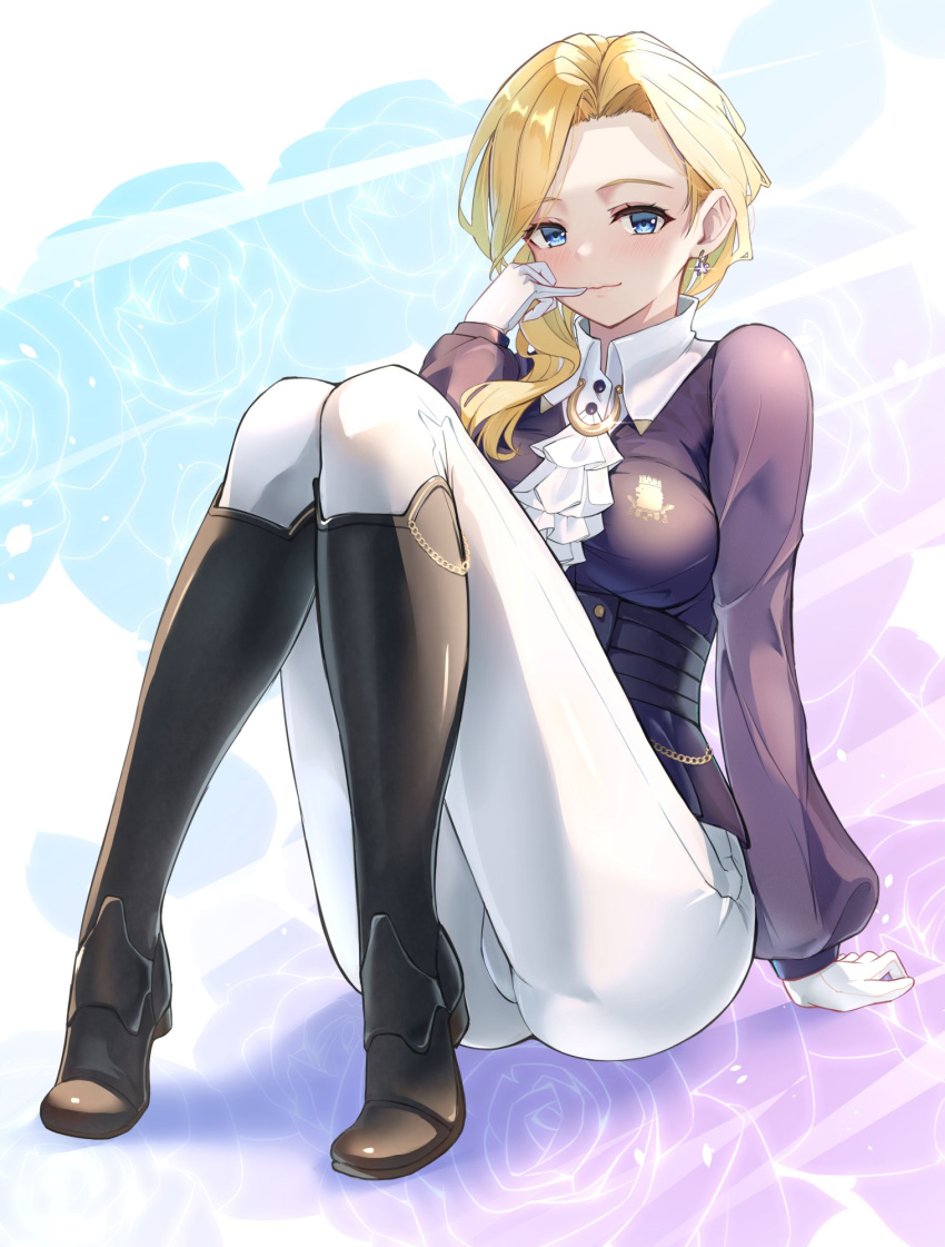 ammo21204760 ascot azur_lane biting black_footwear blonde_hair blue_eyes blue_jacket boots breasts cameltoe commission earrings english_commentary female flower frilled_ascot frills full_body glove_biting gloves highres hood_(azur_lane) hood_(gentlewoman_and_stallion)_(azur_lane) jacket jewelry knee_boots knees_together_feet_apart long_hair long_sleeves looking_at_viewer medium_breasts no_headwear official_alternate_costume pants pants_tucked_in riding_boots riding_outfit royal_navy_emblem_(azur_lane) second-party_source sitting skeb_commission smile solo white_gloves white_pants