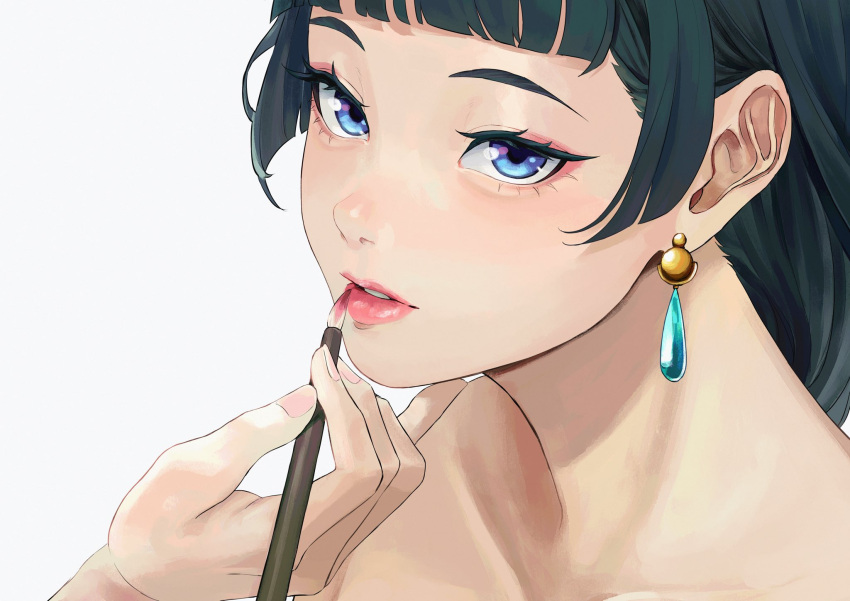 applying_makeup blue_eyes blunt_bangs close-up commentary_request earrings eyelashes eyeshadow female highres jewelry kusuriya_no_hitorigoto lipstick looking_at_viewer makeup maomao_(kusuriya_no_hitorigoto) parted_lips pink_eyeshadow pink_lips simple_background solo takamiya2222 white_background