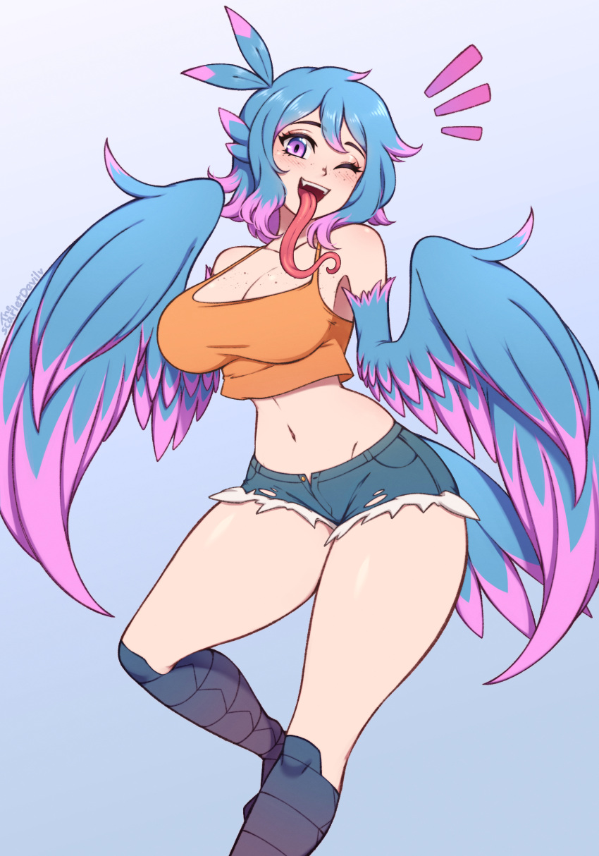 absurdres animal_ears artist_name bare_shoulders bird_ears bird_legs blue_feathers blue_hair blue_tail blue_wings blush body_freckles breasts cleavage commentary cutoffs denim denim_shorts english_commentary feathered_wings feathers female freckles gradient_background grey_background harpy highres large_breasts long_tongue medium_hair midriff monster_girl multicolored_hair navel notice_lines one_eye_closed orange_tank_top original pink_eyes pink_feathers pink_hair pink_wings shorts solo tank_top the_scarlet_devil tongue tori_(bird_maiden) two-tone_hair two-tone_tail two-tone_wings very_long_tongue winged_arms wings