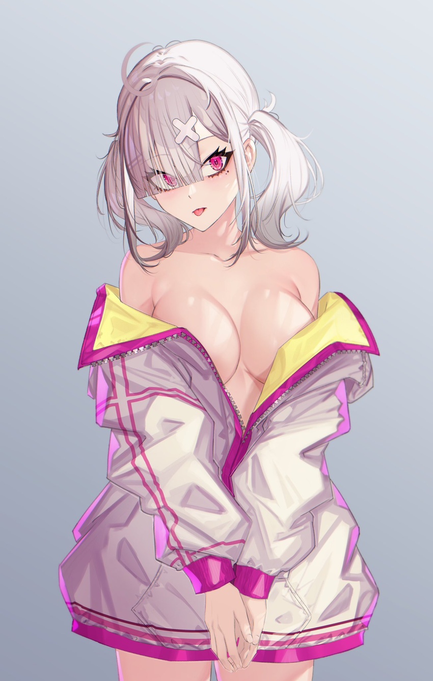 ahoge bare_shoulders blunt_bangs breasts collarbone cross_print expressionless eyes_visible_through_hair female gradient_background grey_background grey_hair gurumyuu hair_ornament hair_over_one_eye hairclip highres jacket large_breasts long_sleeves mole mole_under_eye multicolored_clothes multicolored_jacket naked_jacket nijisanji own_hands_together partially_unzipped pink_eyes pink_jacket solo sukoya_kana thighs tongue tongue_out twintails two-sided_fabric two-sided_jacket v_arms virtual_youtuber white_jacket x_hair_ornament yellow_jacket