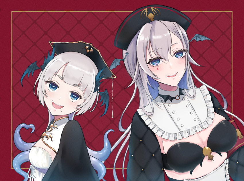 2girls absurdres apron black_bra black_hair black_sleeves blue_eyes bra breasts cosplay costume_switch dress grey_hair haru_(fygzg63) head_wings highres horizontal_pupils indie_virtual_youtuber long_hair looking_at_viewer mole mole_under_mouth multiple_girls open_mouth pochimaru_(vtuber) pochimaru_(vtuber)_(3rd_costume) pochimaru_(vtuber)_(4th_costume) red_background sharp_teeth smile teardrop_facial_mark teeth tentacle_hair underwear upper_body virtual_youtuber white_apron white_dress wings