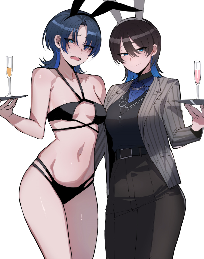 2girls absurdres animal_ears bare_legs bare_shoulders bikini black_bikini blue_eyes blue_hair breasts bunny_garden collared_shirt cosplay costume_switch fake_animal_ears grey_jacket highres hiodoshi_ao hiodoshi_ao_(cosplay) holding holding_tray hololive hololive_dev_is jacket large_breasts miuka_(bunny_garden) miuka_(bunny_garden)_(cosplay) multiple_girls navel rabbit_ears ratatatat74 shirt short_hair small_breasts striped_clothes striped_jacket swimsuit tray vertical-striped_clothes vertical-striped_jacket virtual_youtuber