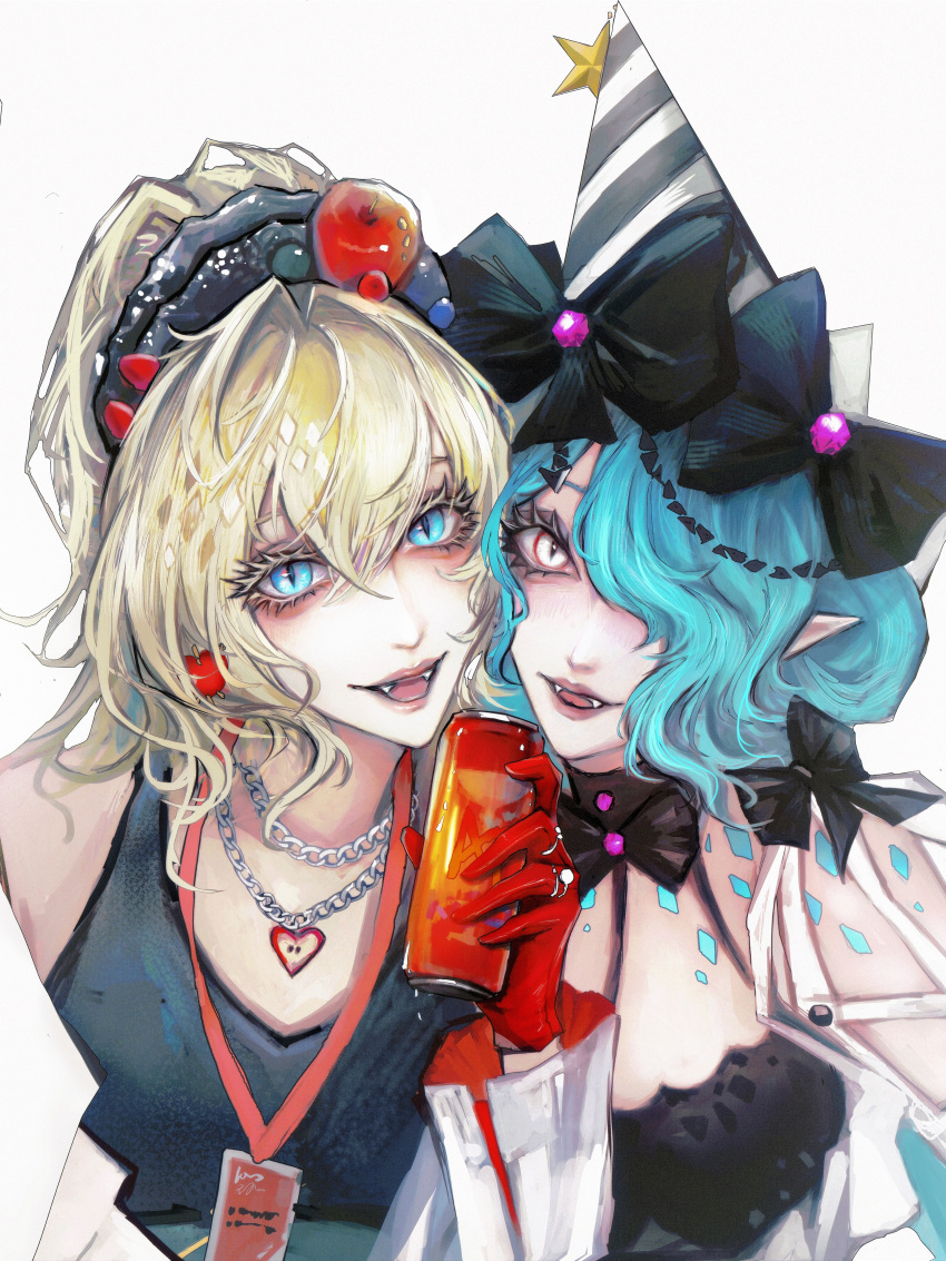 2girls absurdres apple_earrings apple_hair_ornament bianca_(path_to_nowhere) black_bow black_bowtie black_hat black_tank_top blonde_hair blue_eyes blue_hair blue_scales bow bowtie can chain_necklace chains colored_eyelashes drink_can earrings eyelashes fangs food-themed_earrings food-themed_hair_ornament food-themed_necklace gloves grey_eyes hair_ornament hair_over_one_eye hair_scrunchie hairbow hat heads_together heart heart_necklace highres holding holding_can id_card jewelry looking_at_viewer multiple_girls multiple_necklaces necklace off_shoulder one_eye_covered open_mouth party_hat path_to_nowhere red_gloves scrunchie serpent_(path_to_nowhere) slit_pupils smile soda_can strawberry_hair_ornament tank_top two-tone_hat updo upper_body white_hat yu_zhezhe