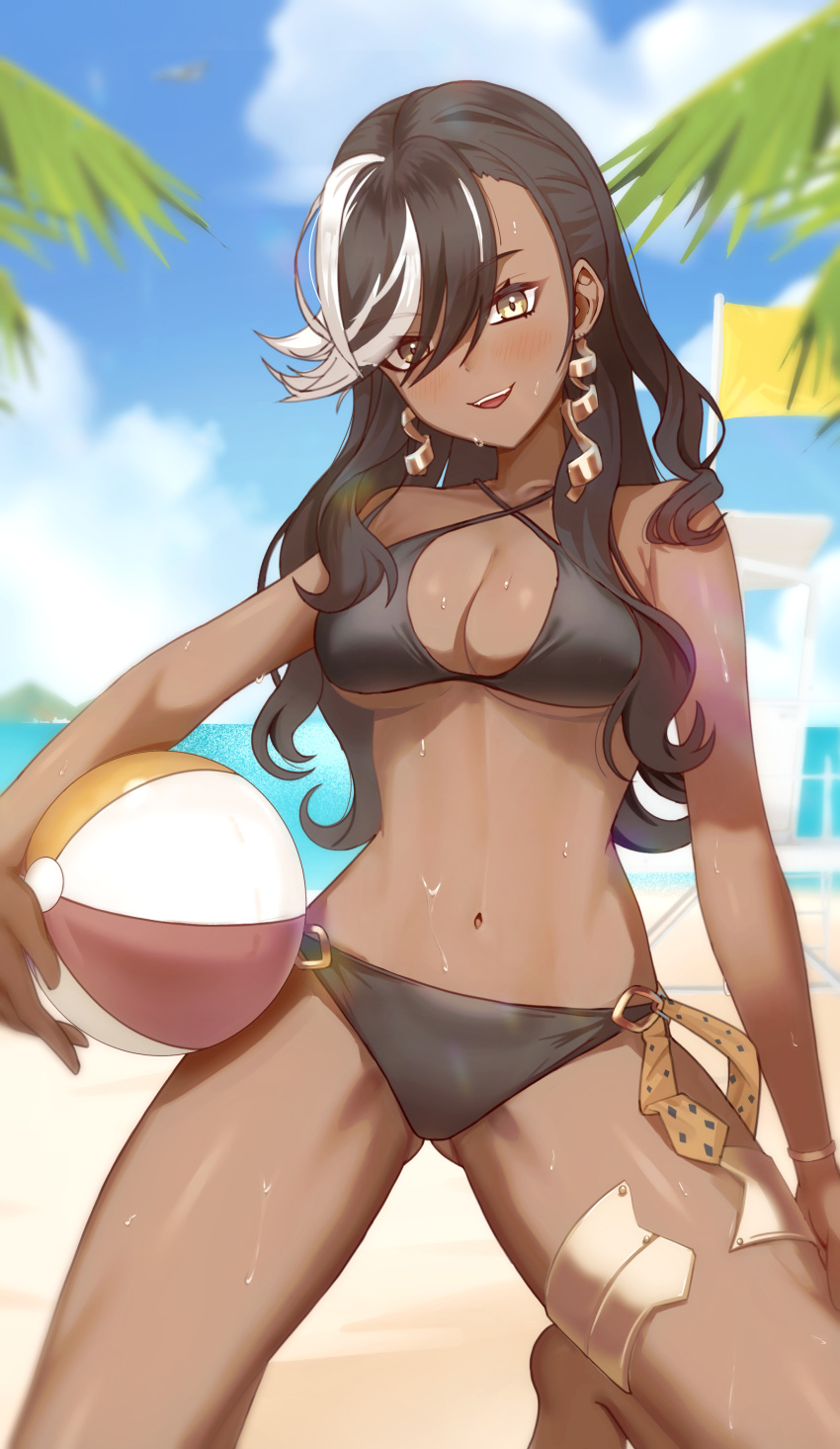 :d absurdres ass_visible_through_thighs ball bare_arms bare_shoulders barefoot beach beachball bikini black_bikini black_hair blue_sky blurry blurry_background blush breasts centurion_(reverse:1999) cleavage cloud cowboy_shot dark-skinned_female dark_skin day earrings female hair_between_eyes highres holding holding_ball holding_beachball horizon jewelry leg_up long_hair looking_at_viewer medium_breasts multicolored_hair navel ocean outdoors reverse:1999 sand sky smile solo stomach streaked_hair string_bikini swept_bangs swimsuit taylor_(41848077) teeth thighlet thighs upper_teeth_only wet white_hair yellow_eyes