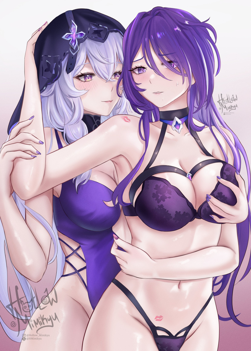 2girls absurdres acheron_(honkai:_star_rail) black_bra black_choker black_hood black_panties black_swan_(honkai:_star_rail) blush bra breasts choker cleavage eyes_visible_through_hair grabbing grabbing_another's_breast gradient_background groin hair_over_one_eye heart heart-shaped_pupils highres holding_another's_arm hollow_mimikyu honkai:_star_rail honkai_(series) instagram_username large_breasts lipstick_mark long_hair looking_at_another looking_at_viewer multicolored_hair multiple_girls nail_polish navel no_shirt panties parted_lips purple_eyes purple_hair red_lips signature stomach streaked_hair sweat symbol-shaped_pupils underwear yuri