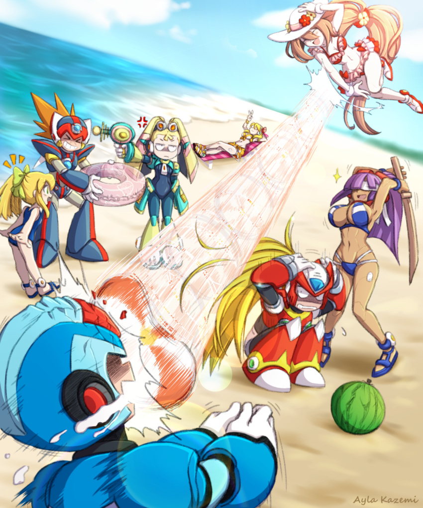 >_< 3boys 5girls absurdres alia_(mega_man) android annoyed armor artist_name axl_(mega_man) ayla_kazemi beach beach_chair bikini blue_bikini blue_one-piece_swimsuit blue_sky breasts brown_hair closed_eyes dark-skinned_female dark_skin ducking food forehead_jewel frilled_bikini frills fruit gun helmet high_ponytail highres holding holding_gun holding_weapon injury iris_(mega_man) large_breasts layer_(mega_man) long_hair lying medium_breasts medium_hair mega_man_(classic) mega_man_(series) mega_man_x_(series) mega_man_x_dive midair multiple_boys multiple_girls navel ocean on_back one-piece_swimsuit orange_bikini pallette_(mega_man) red_bikini revealing_clothes robot_girl roll_(mega_man) sand sky small_breasts spiked_hair suikawari swim_ring swimsuit two-tone_bikini v very_long_hair volleyball watermelon weapon white_bikini x_(mega_man) zero_(mega_man)