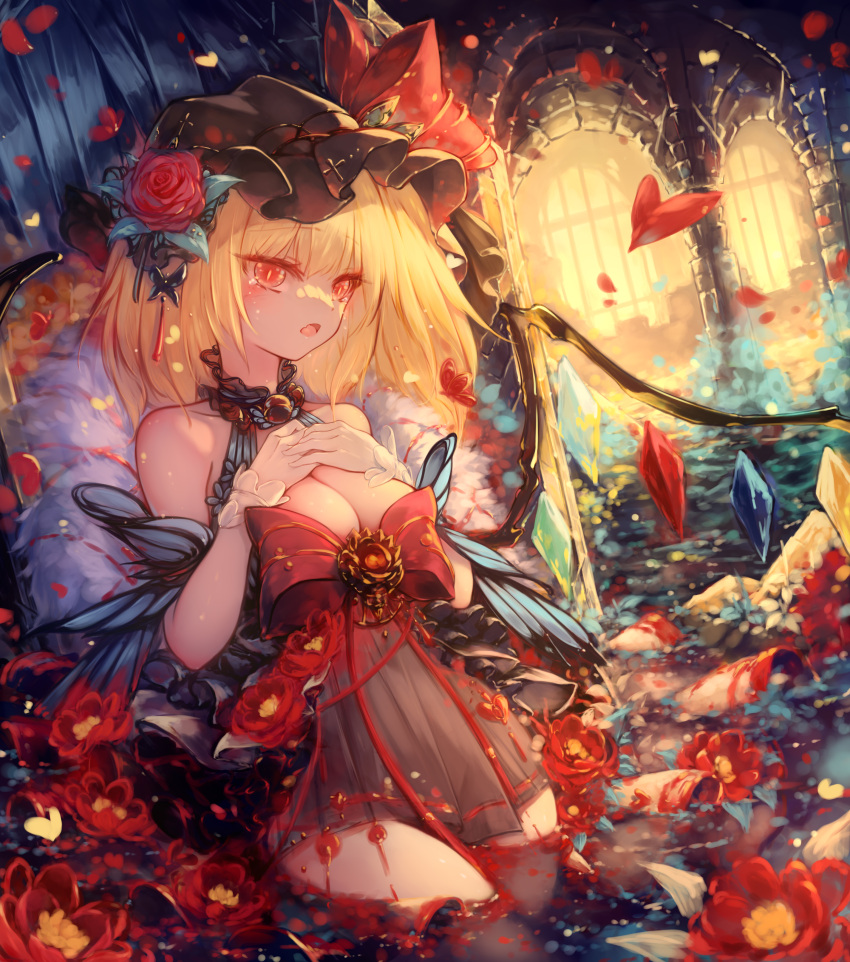 absurdres black_dress black_hat blonde_hair bow breast_suppress breasts butterfly_dress cleavage crystal_wings dress dress_bow female flandre_scarlet hat highres md5_mismatch medium_breasts mob_cap open_mouth red_eyes seelehan sleeveless sleeveless_dress slit_pupils solo touhou vampire wading