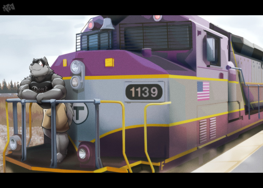 absurd_res american_flag anthro bell bottomwear canid canine canis clothing detailed_background diesel-electric_locomotive diesel_locomotive emd_gp40 fur grey_body grey_fur hi_res jake_(jakewolf00) leaning_on_railing locomotive male mammal mbta muscular resondog shirt shorts solo tank_top topwear train united_states_of_america vehicle wolf