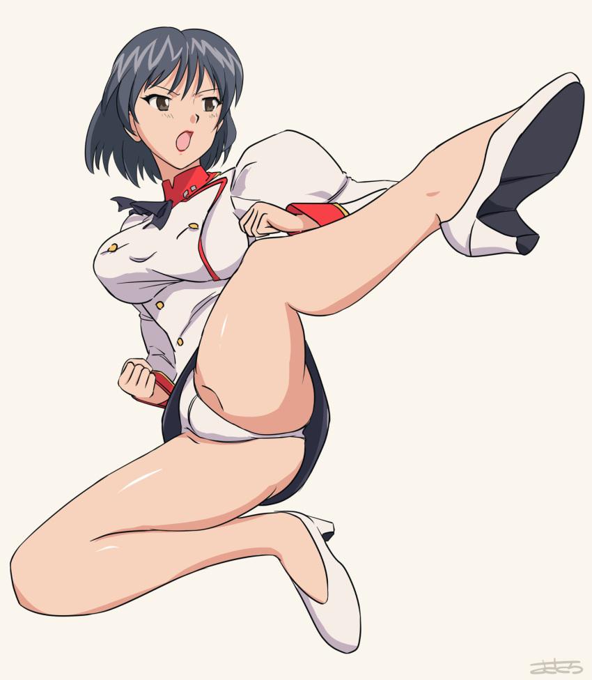 adjutant_(agent_aika) agent_aika aika_(series) ass black_neckerchief blue_hair blush breasts brown_eyes crotch delmogeny_uniform female flying_kick full_body high_heels highres kicking large_breasts lipstick makeup microskirt military_uniform neckerchief open_mouth panties sasakura_(jgay7435) short_hair simple_background skirt solo spread_legs underwear uniform white_background white_delmo white_panties