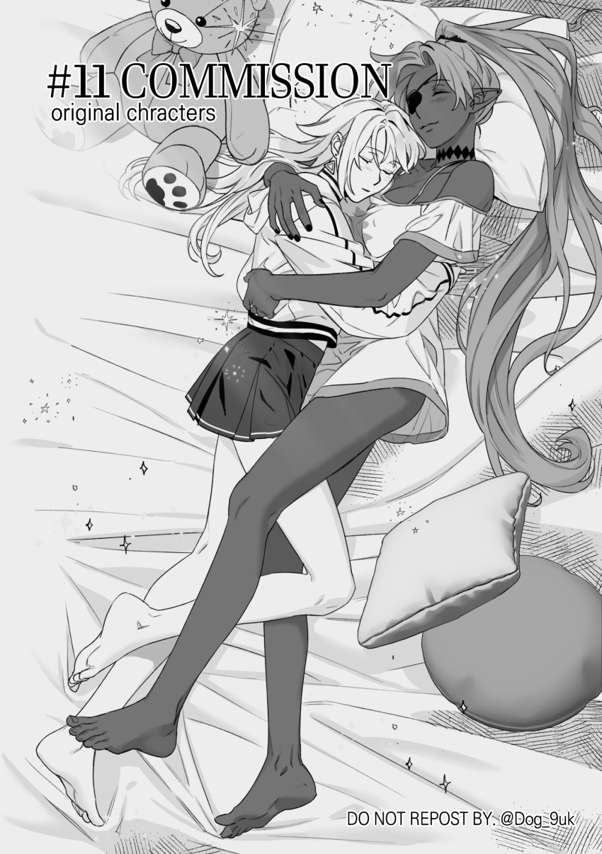 2girls bare_legs barefoot breasts cleavage closed_eyes closed_mouth commentary_request cuddling cushion dark-skinned_female dark_skin dog_9uk english_text eyepatch from_above greyscale highres hug korean_commentary long_hair monochrome multiple_girls off-shoulder_shirt off_shoulder original pointy_ears ponytail shirt skirt sleeping stuffed_animal stuffed_toy teddy_bear twitter_username yuri