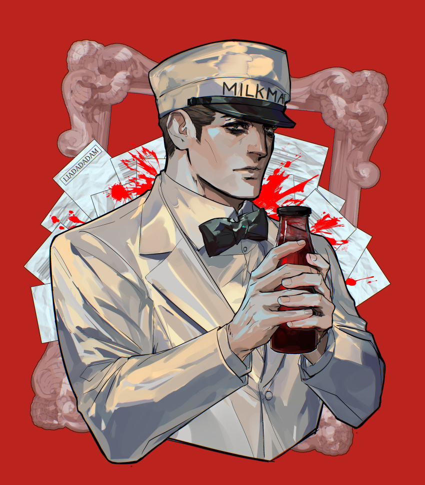 1boy absurdres black_bow black_bowtie black_eyes blood blood_splatter bottle bow bowtie brown_hair collared_jacket collared_shirt cropped_torso english_commentary francis_mosses hands_up hat highres holding holding_bottle jacket liadadadam long_sleeves looking_at_viewer male_focus milkman paper picture_frame red_background shirt short_hair solo suit that's_not_my_neighbor very_short_hair white_hat white_jacket white_shirt white_suit