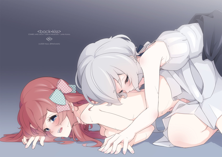 2girls all_fours blue_eyes blush bow camisole clothes_pull commentary_request dress_pull gradient_background grey_background grey_hair hairbow haya_bs highres interlocked_fingers kissing_back konno_junko long_hair low_twintails minamoto_sakura multiple_girls navel pink_nails polka_dot polka_dot_bow red_hair side_ponytail sweat topless twintails unworn_shirt yuri zombie_land_saga