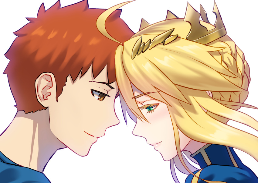 1boy ahoge artoria_pendragon_(fate) artoria_pendragon_(lancer)_(fate) blonde_hair blue_shirt blush braid brown_eyes colored_eyelashes couple crown emiya_shirou fate/grand_order fate/stay_night fate_(series) fateline_alpha female forehead-to-forehead french_braid from_side green_eyes hair_between_eyes heads_together highres red_hair shirt smile straight upper_body white_background