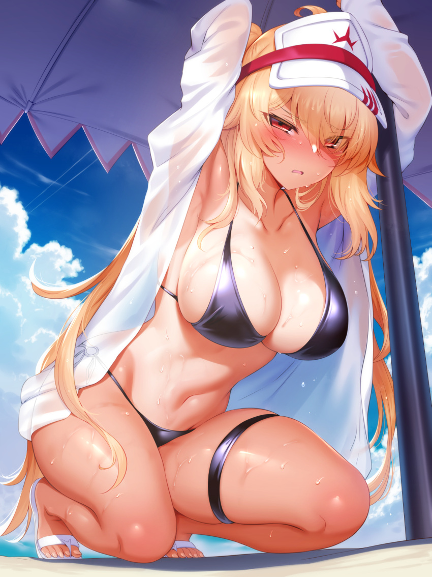 armpits arms_up bare_shoulders beach beach_umbrella bikini black_bikini blonde_hair blue_sky blush breasts cleavage collarbone commentary_request day female hat highres hiyake-chan jacket kneeling large_breasts long_hair long_sleeves looking_at_viewer m-da_s-tarou navel one-piece_tan open_clothes open_jacket original outdoors red_eyes sky solo sweat swimsuit tan tanlines thigh_strap thighs twintails umbrella visor_cap white_hat white_jacket