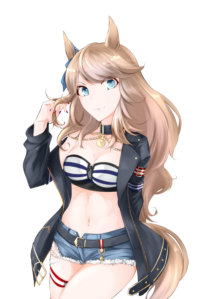 absurdres animal_ears bandeau bare_shoulders belt black_belt black_choker blonde_hair blue_eyes blue_ribbon breasts choker cleavage commentary_request cowboy_shot cutoffs denim denim_shorts female gold_city_(umamusume) hair_ribbon hand_up highres horse_ears itocoh jacket long_hair long_sleeves looking_at_viewer medium_breasts midriff navel off_shoulder open_clothes open_jacket ribbon short_shorts shorts simple_background smile solo standing stomach strapless striped_bandeau tail thigh_strap thighs tube_top umamusume white_background