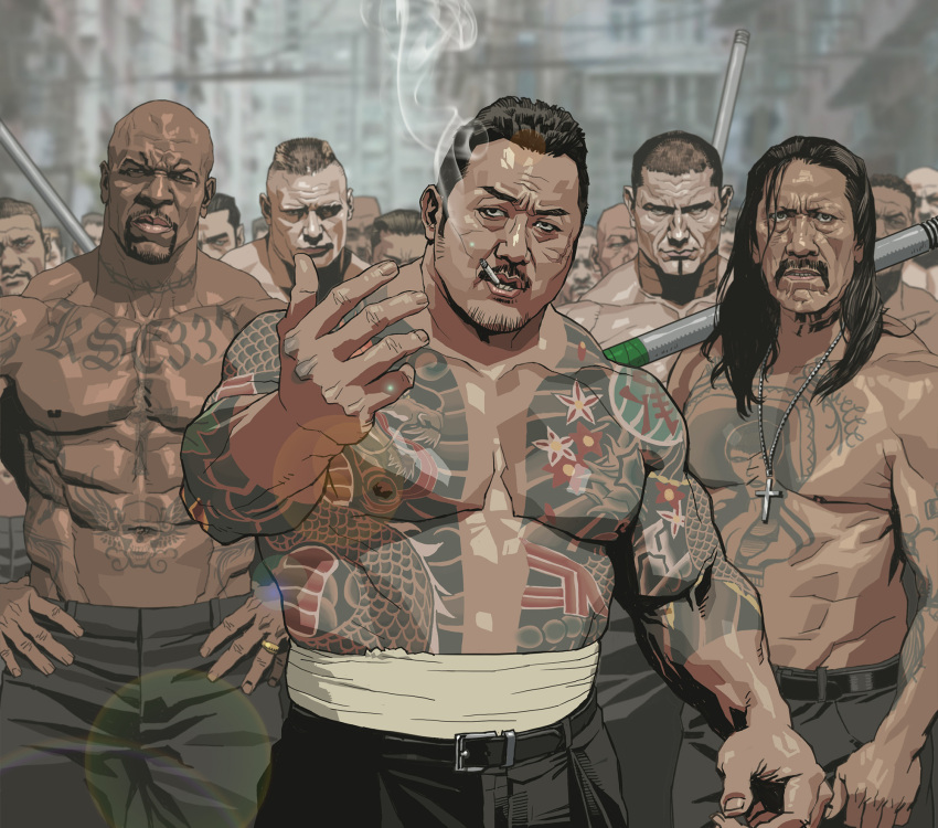 6+boys abs bald belt black_belt black_hair black_pants brock_lesnar cigarette closed_mouth come_at_me_bro commentary cross cross_necklace danny_trejo dark-skinned_male dark_skin dave_bautista english_commentary gangster hands_on_own_hips highres jason_momoa jewelry large_pectorals long_hair looking_at_viewer ma_dong-seok male_focus manly midriff_sarashi mouth_hold multiple_boys muscular muscular_male necklace pants parted_lips pectorals real_life ring ryuu_ga_gotoku sarashi seung_eun_kim short_hair smoke smoking smoking_pipe tattoo terry_crews topless_male very_short_hair wrinkled_skin wwe