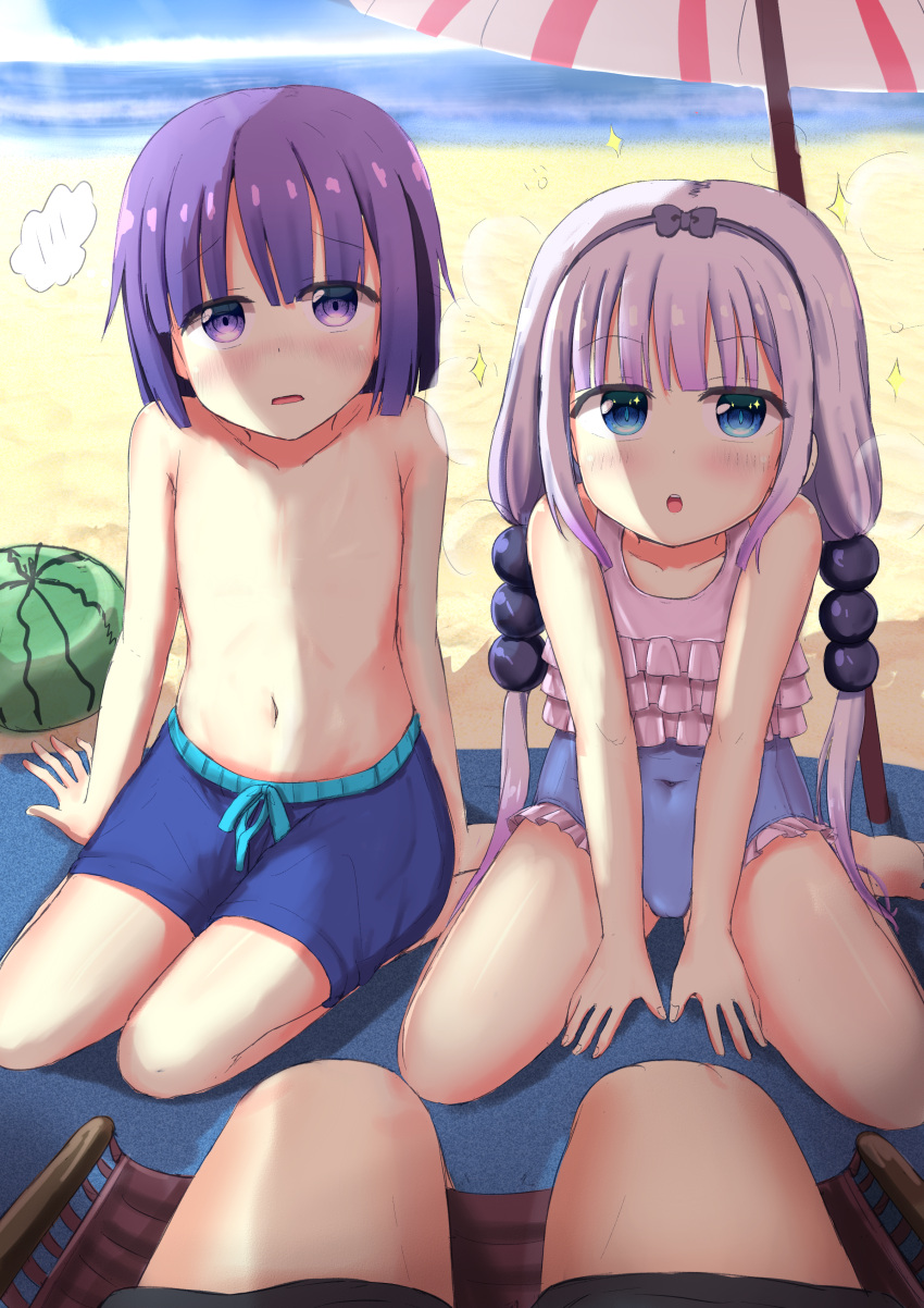 1boy absurdres beach beach_umbrella beads black_hairband blue_eyes blue_one-piece_swimsuit casual_one-piece_swimsuit commission covered_navel day female hair_beads hair_ornament hairband highres kanna_kamui kobayashi-san_chi_no_maidragon light_purple_hair lolicon long_hair low_twintails magatsuchi_shouta male_swimwear navel one-piece_swimsuit outdoors purple_eyes purple_hair senchimee short_hair sitting swimsuit twintails umbrella