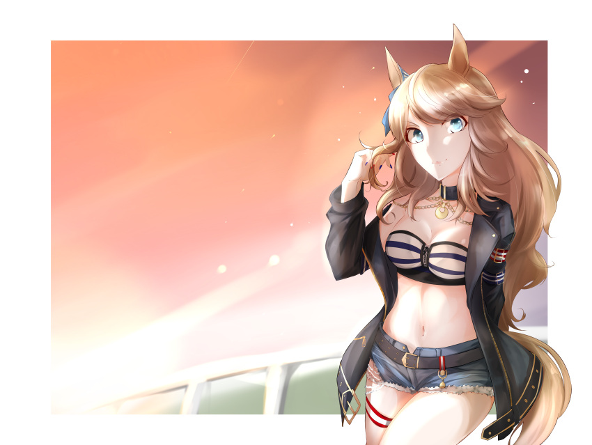 absurdres animal_ears bandeau bare_shoulders belt black_belt black_choker blonde_hair blue_eyes blue_ribbon breasts choker cleavage commentary_request cowboy_shot cutoffs denim denim_shorts female gold_city_(umamusume) hair_ribbon hand_up highres horse_ears itocoh jacket long_hair long_sleeves looking_at_viewer medium_breasts midriff navel off_shoulder open_clothes open_jacket ribbon short_shorts shorts smile solo standing stomach strapless striped_bandeau tail thigh_strap thighs tube_top umamusume