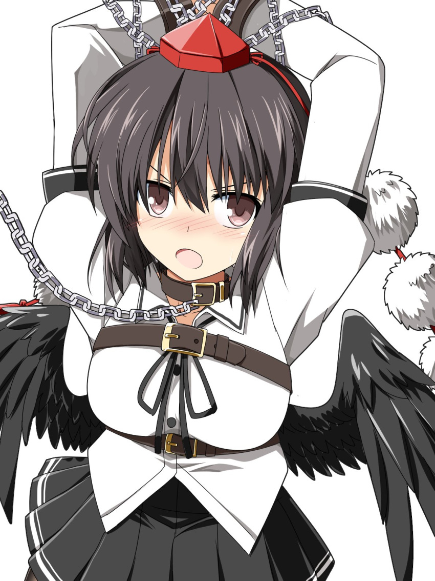 arms_up belt black_hair black_ribbon black_skirt blush bound breasts brown_eyes chains collar female hat highres looking_at_viewer neck_ribbon open_mouth pleated_skirt pom_pom_(clothes) red_hat ribbon rise_(rise19851203) shameimaru_aya simple_background skirt solo tokin_hat touhou white_background wings