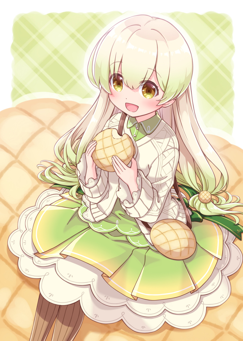 :d bag bread brown_eyes brown_pantyhose collared_shirt commentary_request dress_shirt feet_out_of_frame female food food-themed_bag food-themed_hair_ornament food_bite gradient_hair green_eyes green_shirt green_skirt hair_between_eyes hair_ornament harada_(sansei_rain) highres holding holding_food jacket light_brown_hair long_hair looking_at_viewer low-tied_long_hair melon_bread multicolored_hair original pantyhose personification plaid plaid_background pleated_skirt shirt shoulder_bag sitting skirt smile solo striped_clothes striped_pantyhose vertical-striped_clothes vertical-striped_pantyhose very_long_hair white_jacket