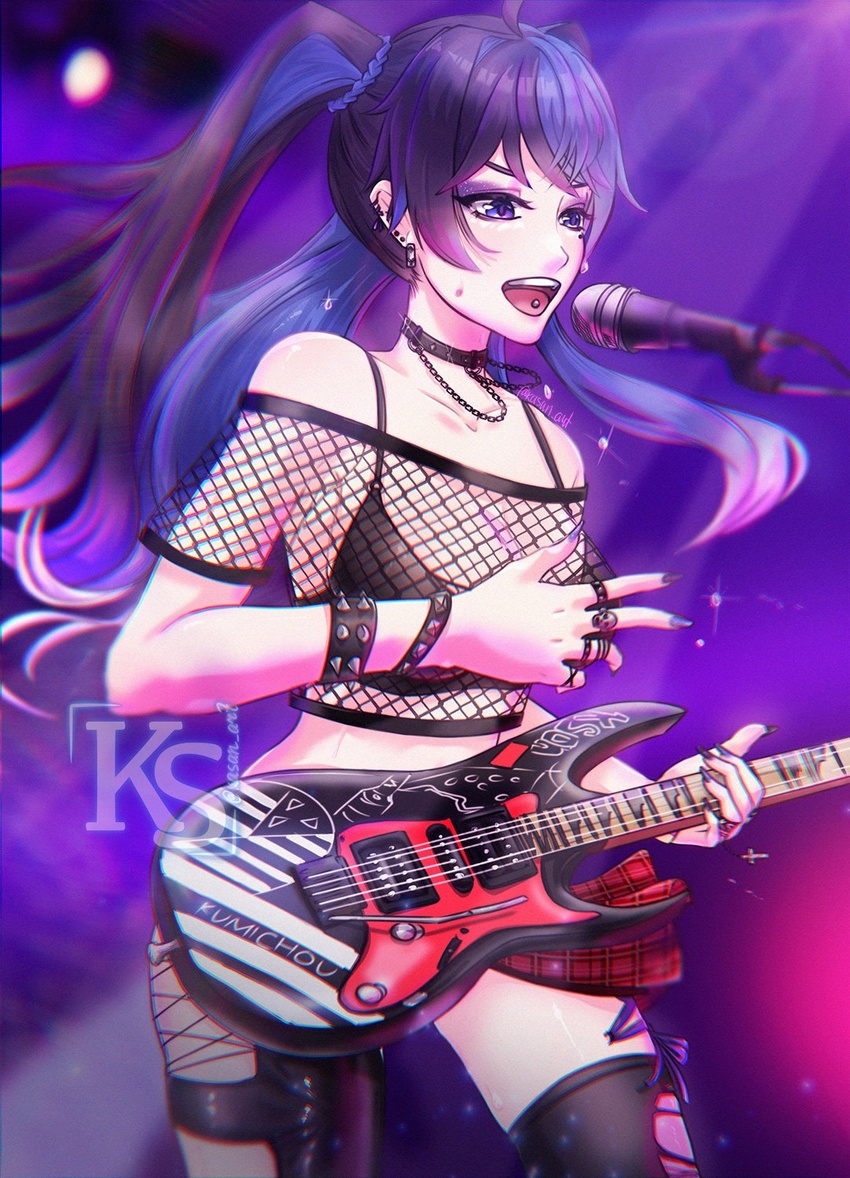 ahoge black_bra black_choker black_hair black_nails black_pants black_thighhighs blue_eyes blue_hair blue_nails bra breasts choker ear_piercing eyeshadow female fishnet_top fishnets guitar half-skirt highres holding holding_instrument instrument jewelry kasan_art kson kson_(4th_costume) large_breasts long_hair looking_at_viewer makeup microphone miniskirt mole mole_under_eye multicolored_hair multiple_rings nail_polish necklace off-shoulder_shirt off_shoulder pants piercing pleated_skirt purple_eyeshadow purple_hair purple_nails red_skirt ring shirt skirt skull_ring solo streaked_hair thighhighs tongue_piercing torn_clothes torn_pants torn_thighhighs twintails underwear virtual_youtuber vshojo