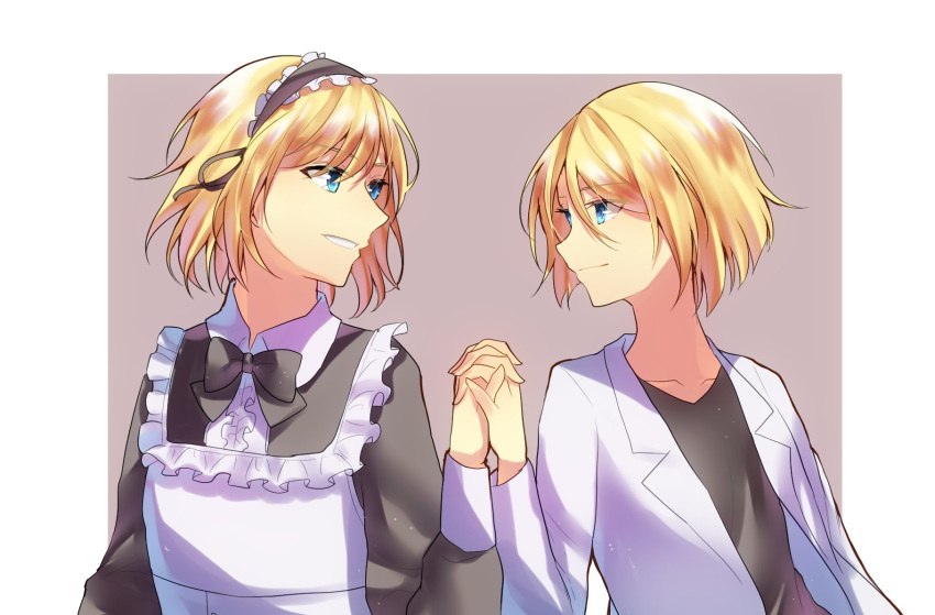 1boy aged_up alternate_costume androgynous apron aryuma772 behemo black_shirt blonde_hair blue_eyes brother_and_sister crossdressing dual_persona enmaided evillious_nendaiki female frilled_hairband frills hairband highres kagamine_len kagamine_rin lab_coat levia_(evillious_nendaiki) maid maid_apron maid_headdress original shirt short_hair siblings twins vocaloid