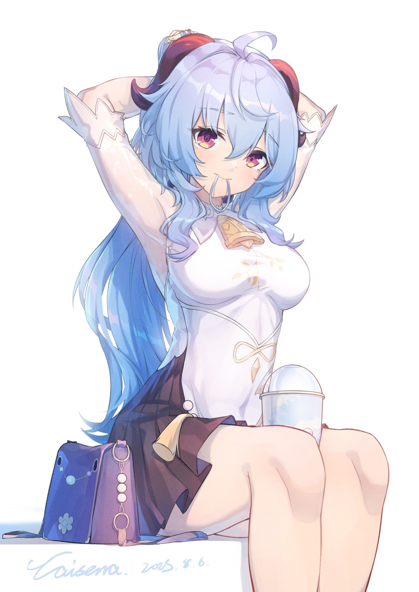 adjusting_hair armpits arms_up bag bell between_thighs black_skirt blue_hair breasts caisena casual closed_mouth cowbell cup dated disposable_cup female ganyu_(genshin_impact) ganyu_(heytea)_(genshin_impact) genshin_impact goat_horns hair_between_eyes hair_tie_in_mouth highres horns long_hair medium_breasts mouth_hold neck_bell official_alternate_costume pleated_skirt purple_eyes see-through see-through_sleeves shirt shoulder_bag sidelocks signature simple_background sitting skirt solo taut_clothes taut_shirt tying_hair white_background white_shirt