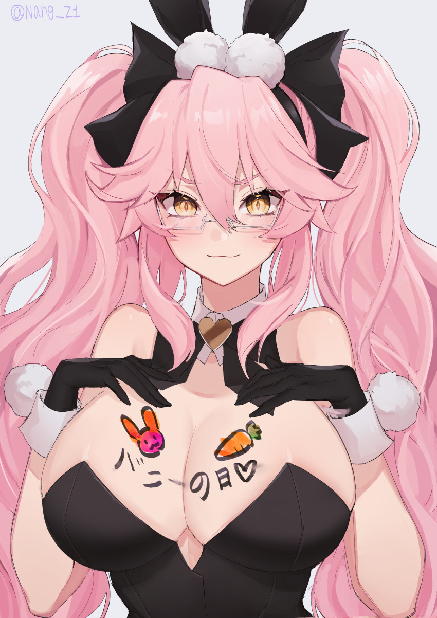 absurdres animal_ear_fluff animal_ears bad_id bad_pixiv_id bare_shoulders black_bow black_gloves black_leotard blush body_writing bow breasts cleavage detached_collar fate/grand_order fate_(series) female fox_tail glasses gloves hair_between_eyes hairbow highres koyanskaya_(assassin)_(second_ascension)_(fate) koyanskaya_(fate) large_breasts leotard long_hair looking_at_viewer nang_z1 pink_hair playboy_bunny rabbit_ears sidelocks smile solo strapless strapless_leotard tail tamamo_(fate) twintails wrist_cuffs yellow_eyes