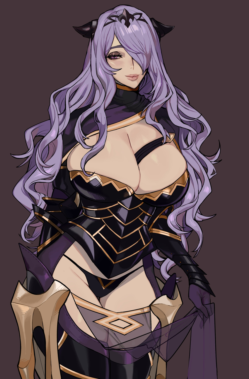 absurdres black_panties breasts brown_background camilla_(fire_emblem) cleavage clothes_lift commentary ennuigrl female fire_emblem fire_emblem_fates hair_over_one_eye highres huge_breasts lifting_own_clothes light_smile lips long_hair looking_at_viewer panties pelvic_curtain pelvic_curtain_lift purple_eyes purple_hair simple_background solo thick_lips thighs underwear veil