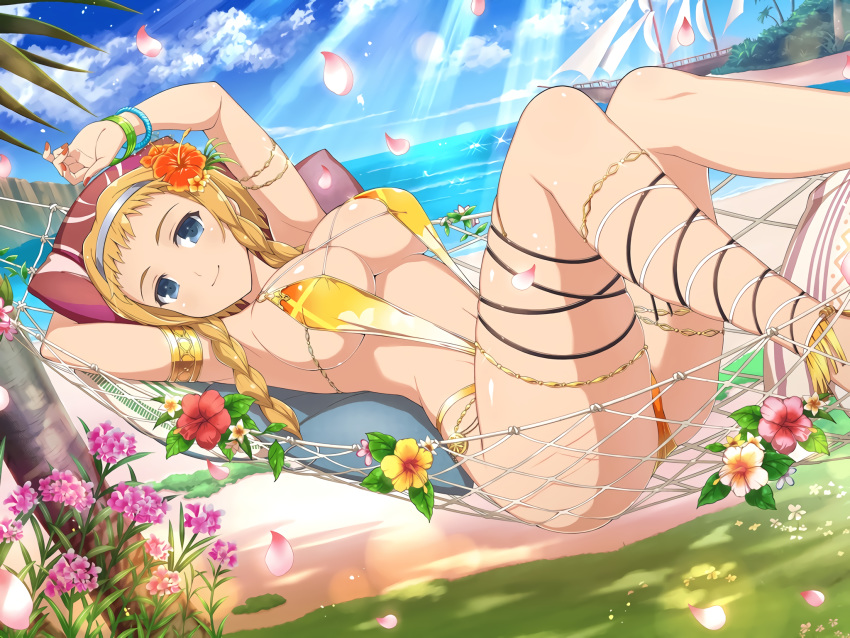 beach blonde_hair blue_eyes braids clouds flowers headband queen's_blade reina senran_kagura sky swimsuit twintails water yaegashi_nan