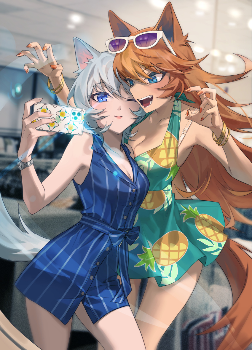 2girls absurdres animal_crossing animal_ears aqua_dress arm_up armpit_peek audie_(animal_crossing) bare_arms bare_shoulders blue_bow blue_dress blue_eyes blue_sash blurry blurry_background bow bracelet breasts buttons ceiling cellphone claw_pose cleavage closed_mouth collarbone commentary contrapposto cowboy_shot desk dress eyewear_on_head facing_viewer film_grain food_print gold_bracelet grey_background grey_hair grey_tail hair_between_eyes halterneck hand_up highres holding holding_phone humanization indoors jewelry jyuma lapels light_blush light_brown_background long_hair looking_at_object medium_breasts multiple_girls notched_lapels office one_eye_closed open_mouth orange_hair orange_nails orange_tail phone pineapple_print purple-tinted_eyewear sash selfie sharp_teeth sleeveless sleeveless_dress smartphone smile standing strap striped_bow striped_clothes striped_dress striped_sash sunglasses tail tail_raised teeth tinted_eyewear tsurime two-tone_background vertical-striped_clothes vertical-striped_dress very_long_hair watch whitney_(animal_crossing) window wolf_ears wolf_girl wolf_tail wristwatch