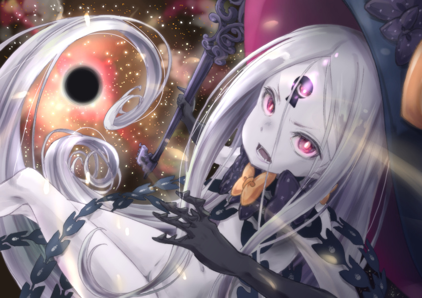 abigail_williams_(fate) abigail_williams_(third_ascension)_(fate) bare_shoulders black_bow black_hat black_hole black_panties bow breasts colored_skin fate/grand_order fate_(series) female forehead glowing glowing_eye hat highres key keyhole long_hair looking_at_viewer mukai multiple_bows open_mouth orange_bow panties parted_bangs pink_eyes polka_dot polka_dot_bow small_breasts solo space staff star_(sky) thighs third_eye underwear very_long_hair white_hair white_skin witch_hat