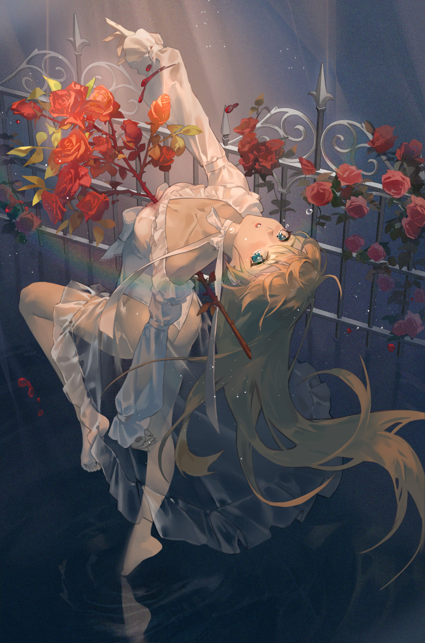 absurdres barefoot blonde_hair blood blood_on_clothes blue_eyes bow breasts cleavage collarbone commentary crying crying_with_eyes_open dress dress_bow english_commentary feet female fence film_grain floating_hair flower full_body hair_between_eyes highres impaled iron_fence ironwork jyuma leaning_back legs light_particles long_hair long_sleeves looking_at_viewer looking_back neck_ribbon original parted_lips rainbow red_flower red_rose ribbon rose see-through see-through_dress sleeves_past_wrists small_breasts soles solo standing standing_on_liquid standing_on_one_leg tears tiptoes toes very_long_hair water white_bow white_dress white_ribbon