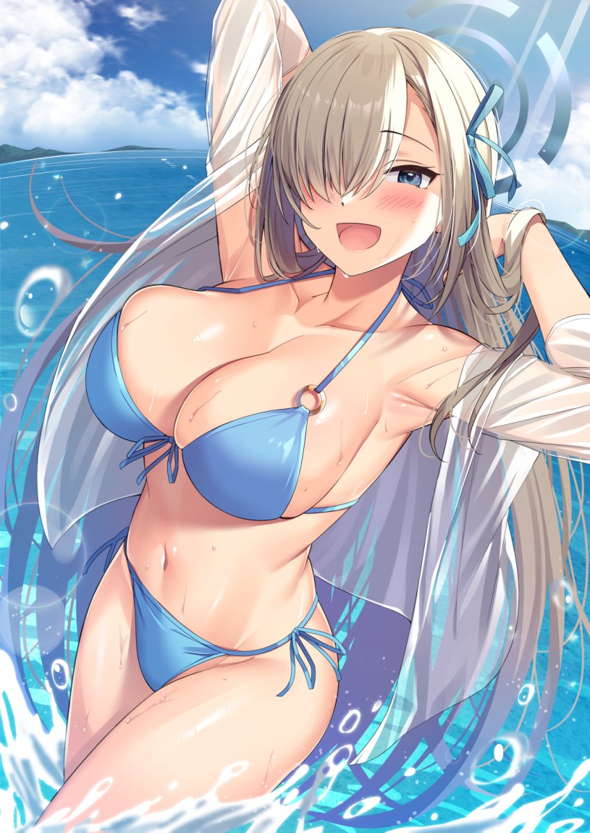 :d alternate_costume armpits arms_behind_head arms_up asuna_(blue_archive) bad_id bad_twitter_id bikini blue_archive blue_bikini blue_eyes blue_ribbon blue_sky blush breasts cleavage cloud commentary cowboy_shot day female front-tie_top hair_over_one_eye hair_ribbon halo halterneck highres inactive_account large_breasts light_brown_hair long_hair looking_at_viewer navel o-ring o-ring_bikini ocean off_shoulder one_eye_covered open_clothes open_mouth open_shirt outdoors ribbon see-through see-through_shirt shirt side-tie_bikini_bottom sky smile solo stomach string_bikini super_nagoyaka swimsuit thighs tsurime very_long_hair water water_drop wet wet_clothes